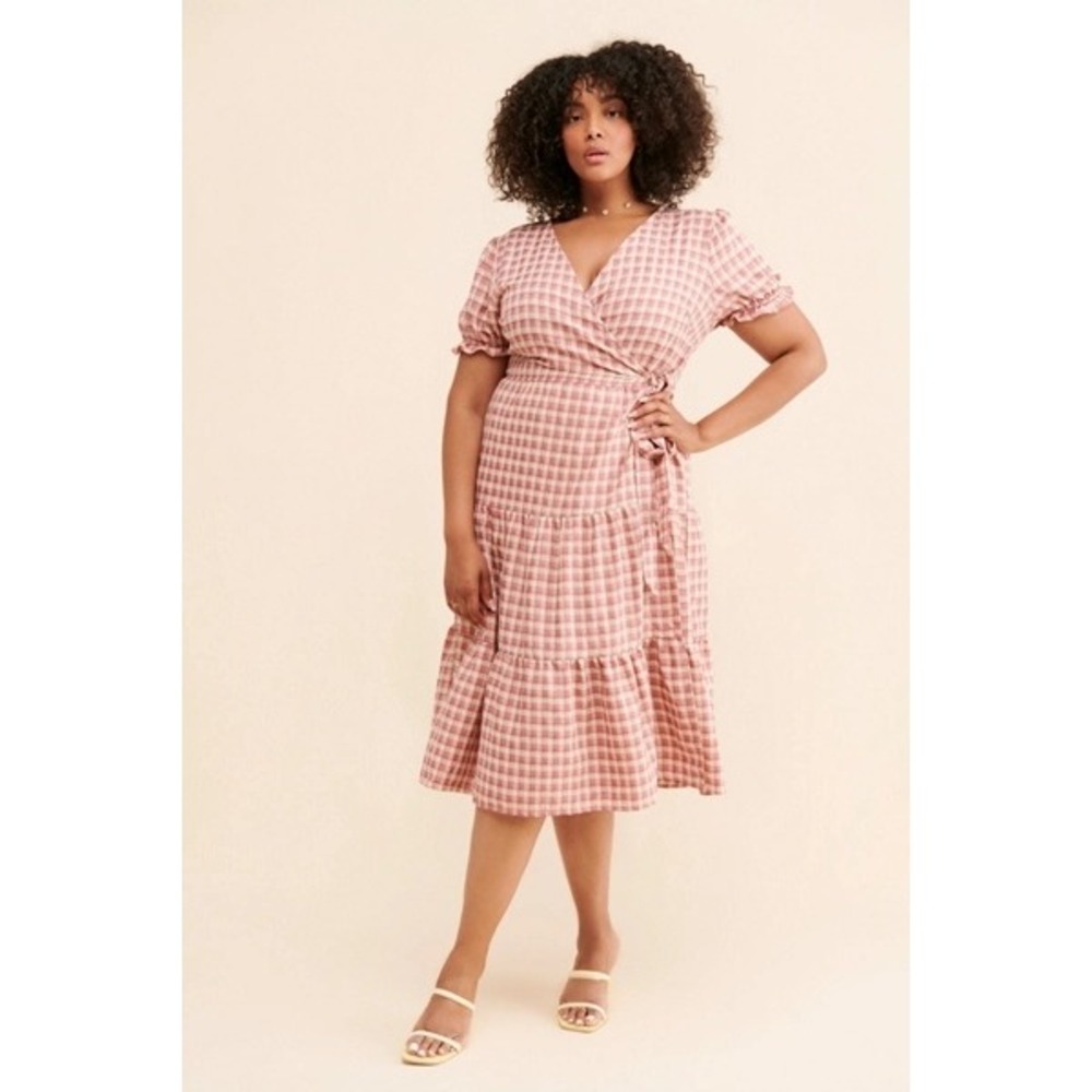 Lisa Says Gah! X Nuuly Victoria Wrap Dress Large Pink Gingham Tiered Puff Midi